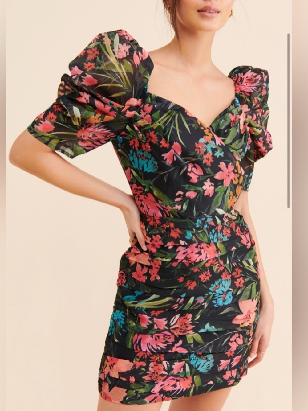 C/Meo Collective Black Floral Puff-Sleeve Mini Dress